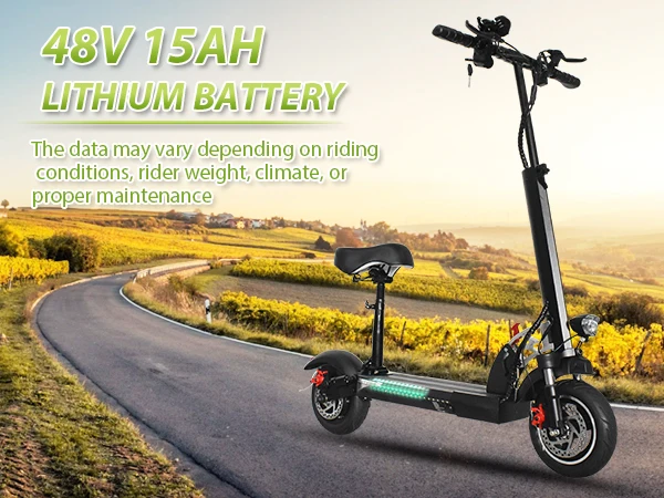 An electric scooter for commuter adults on a road with a vineyard in the background.