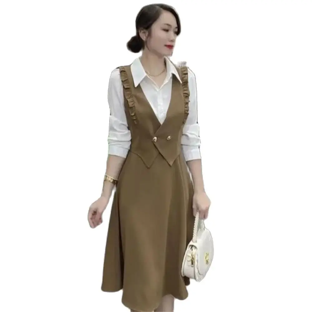 

Vintage Fake Two Pieces Dresses Women Peter Pan Collor Preppy Style Sweet Kawaii Dresses Long Sleeve Street A Line Midi Dress