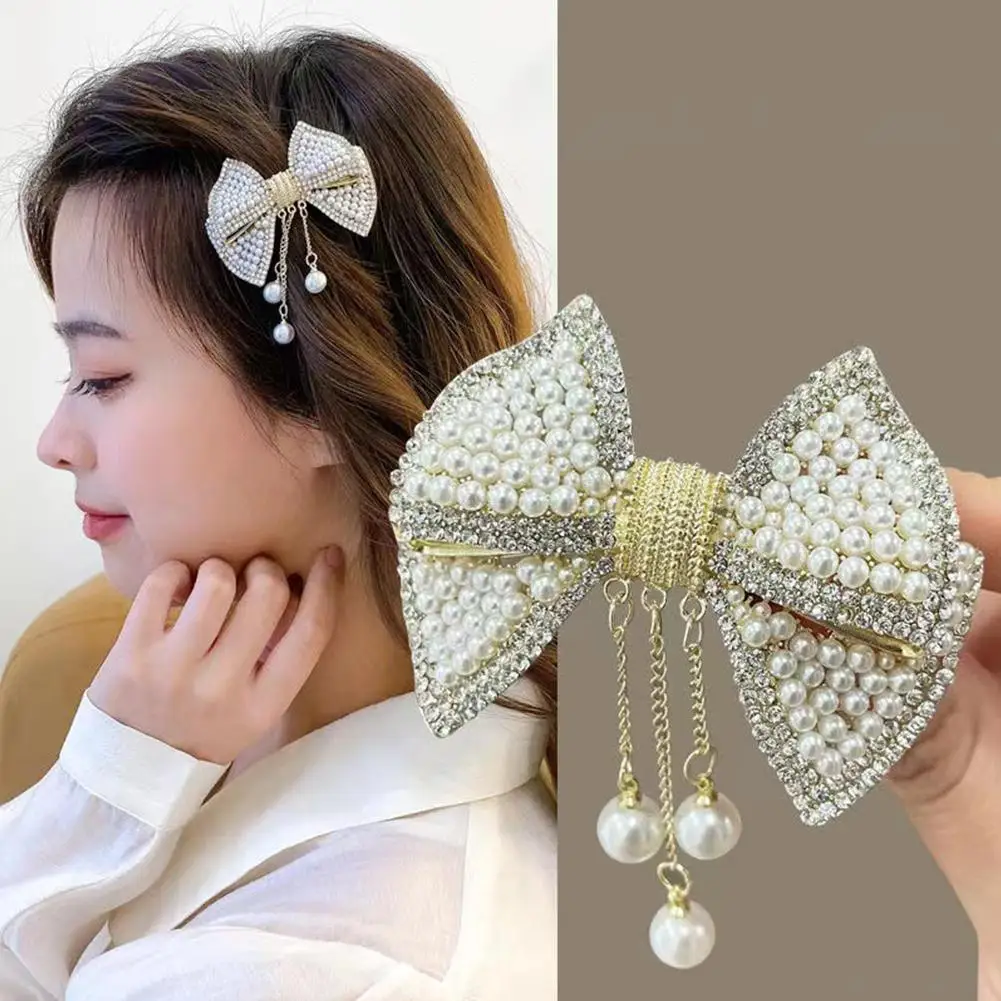 New Ins Korean Fashion Temperament Pearl Diamond Bow Spring Hair Clip Pearl tassel hairpin For Women Jewelry Gifts Hair Jewelry temperament multi layered shell pearl necklace wedding jewelry for women copper plated silver accessories