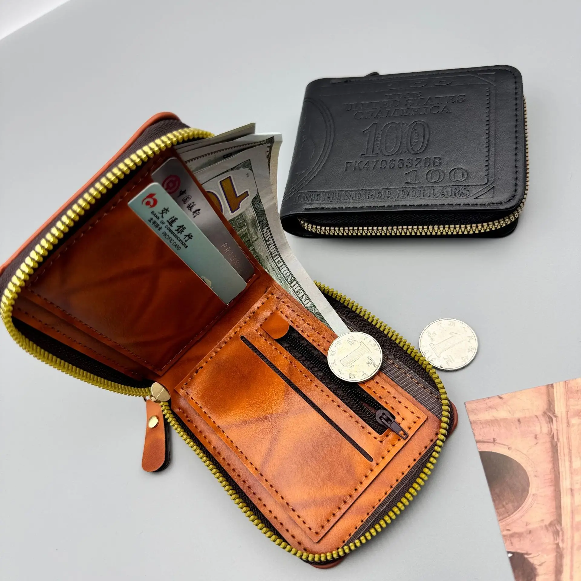 Men's Retro printing  Wallet, Ultralight Slim Zip Coin Wallet, Short Zipper Compact Cash Organizer RFID