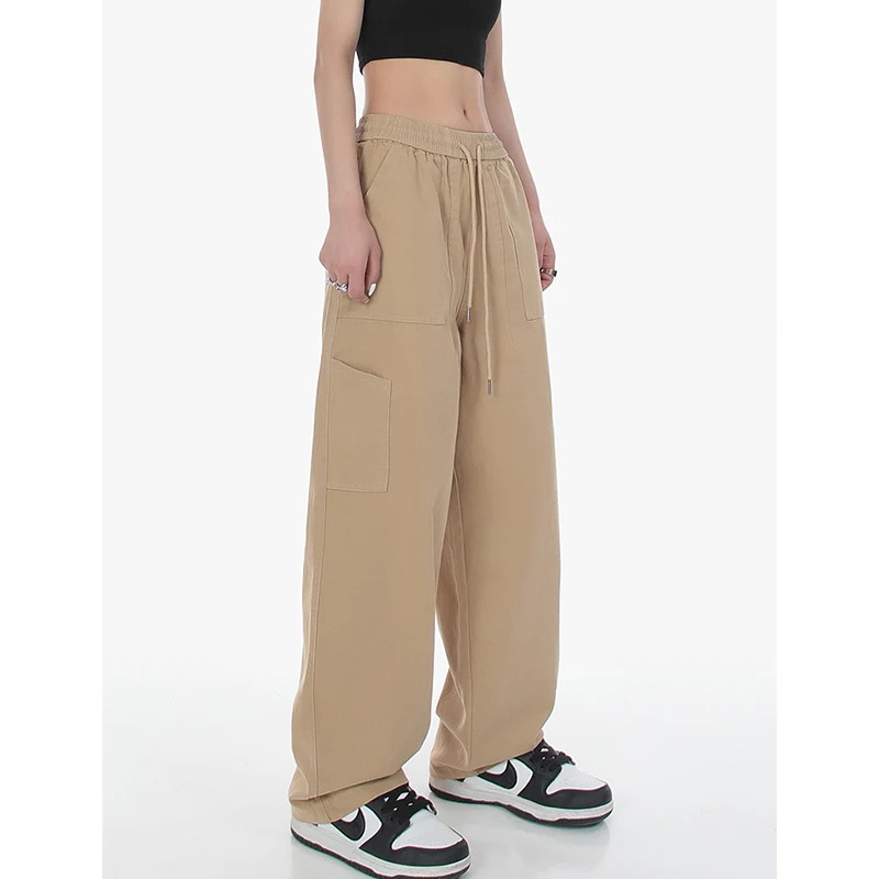 

Women Khaki Vintage Cargo Pants Fashion High Waist Lacing Wide Leg Pants Casual Baggy Straight Pants Trouser Ladies Summer