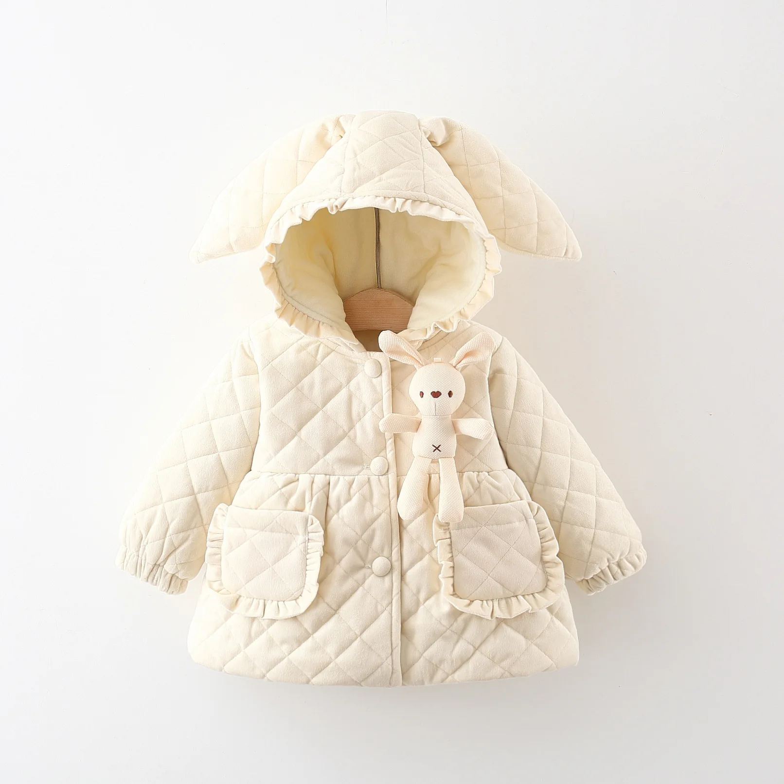 Winter New Girls' Coat Padded Padded Jacket Thick and Fluffy Warm Jacket Hooded Rabbit Ears Lace Pleated Long Sleeve