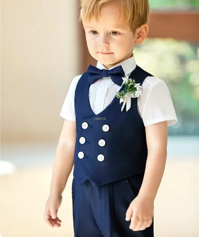 

Flower Boys Vest Short Bowtie Photography Suit Children Formal Wedding Dress Prince Kids Performance Birthday Ceremony Costume