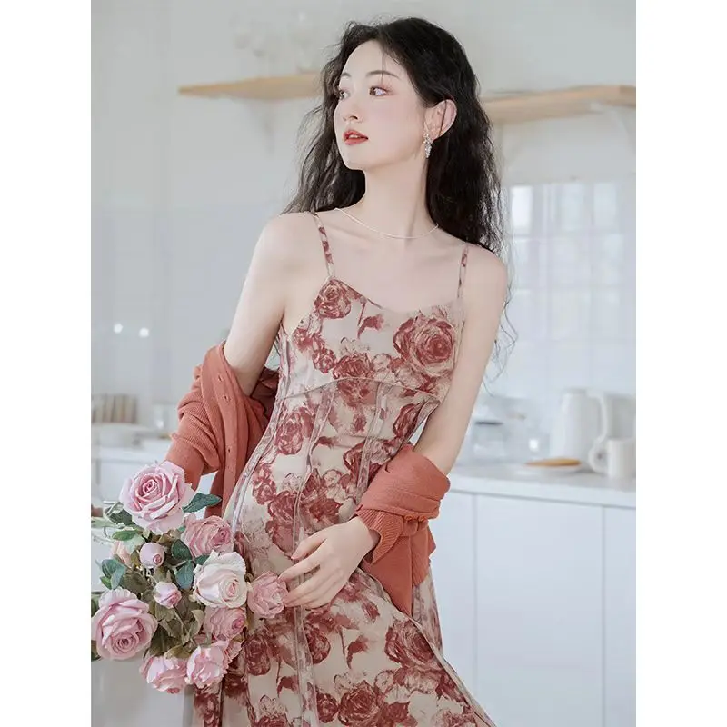 

SLPBELY Women Dresses Summer 2023 New French Print Senior Sense Of Super Fairy Stunning Halter Cardigan Dress Ruffle