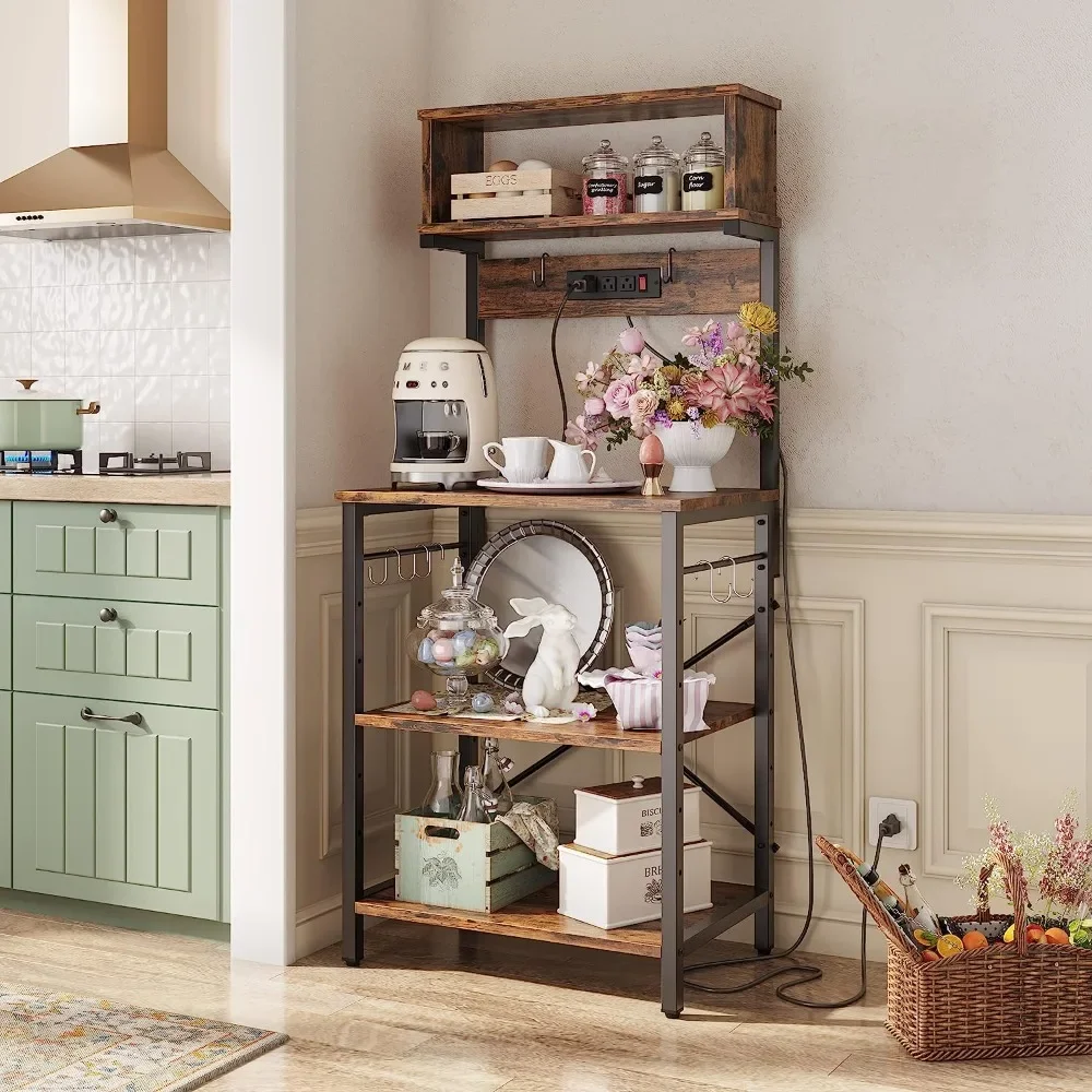 

Bestier Bakers Rack with Power Outlets, Height Adjustable Microwave Stand, Kitchen Storage Shelf Rack Rustic Brown Rustic 60lnch
