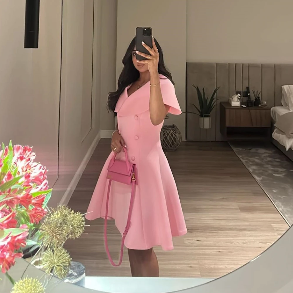

ROSELLA Barbie Pink V Neck Women Dresses For Cocktail Party Short A Line Mini Formal Cap Sleeves Prom Gown Dubai New 2023