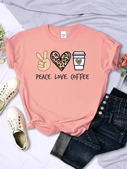 Paz amor café imprime camisetas femininas de algodão de alta qualidade camisetas marca respirável camisetas rua o-pescoço tshirt para mulher