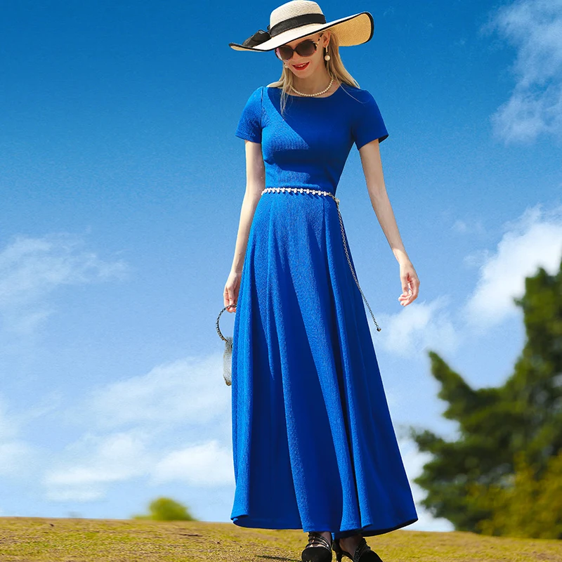 

Summer Dress Short Sleeve O-neck Office Lady Blue Long Dress Mid-calf Dress Women Office Lady At Work Dress Birthday Gift