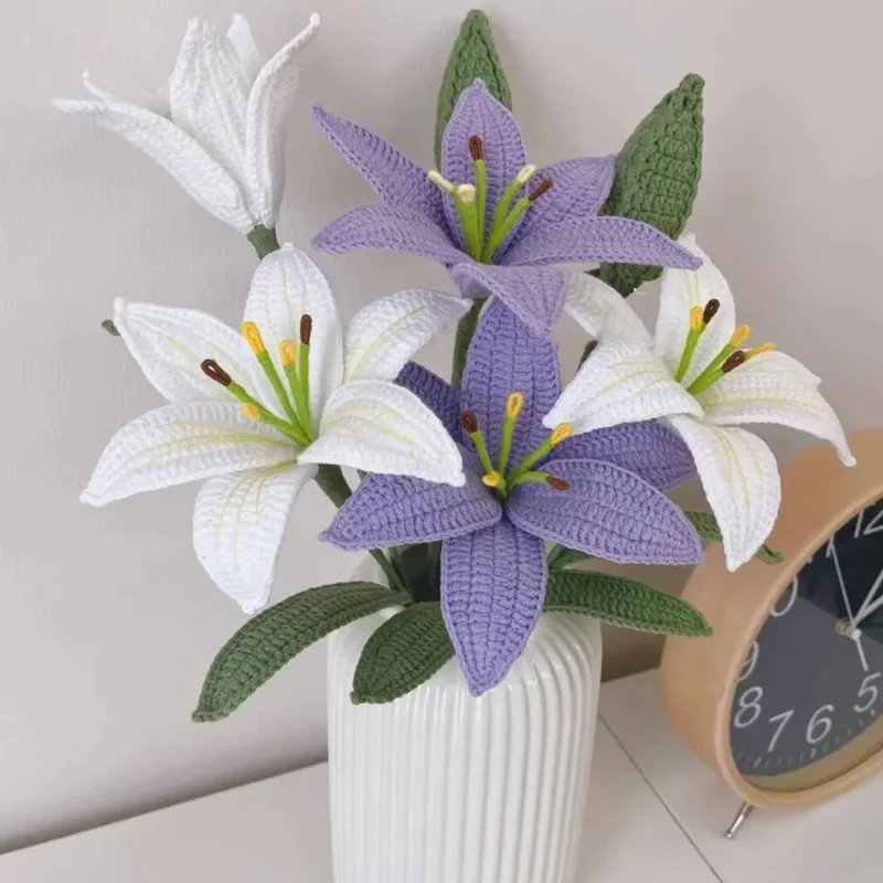 Artificial Flowers Wool Crochet Lily Flower Branch Hand-Knitted Flower Bouquet Hand Woven Party Knitted Flowers for Home Wedding