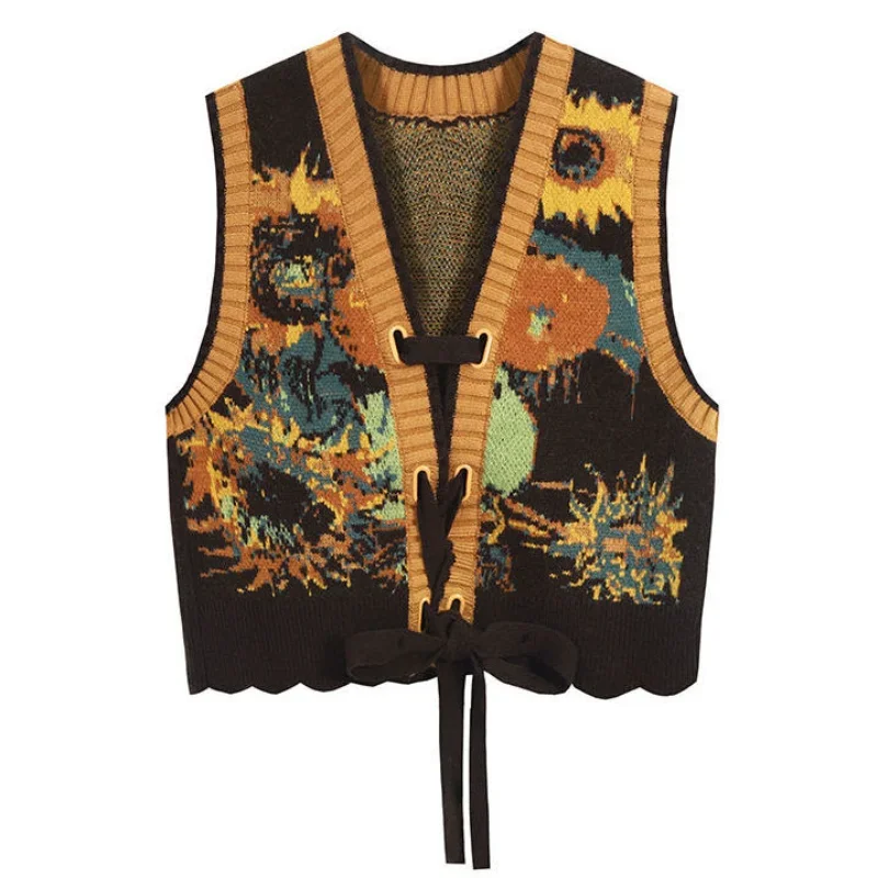 

Vintage Sweater Vests Women Harajuku Print Sleeveless Knitted Waistcoat Streetwear Korean Cropped Bandage Knitwear Tank Top New