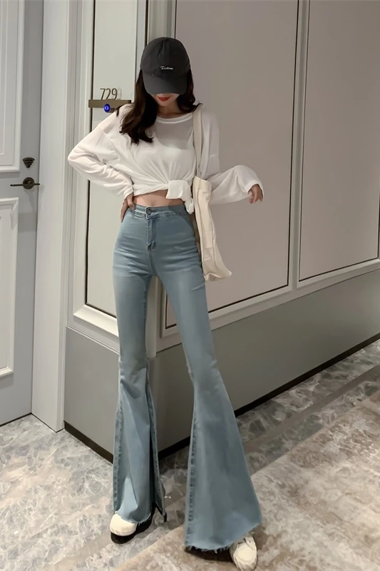 Plus Size Slit Denim Jeans Flare Pants Women Trousers Korean Style Casual Office Lady Female High Waist Long Bell Bottom Pants