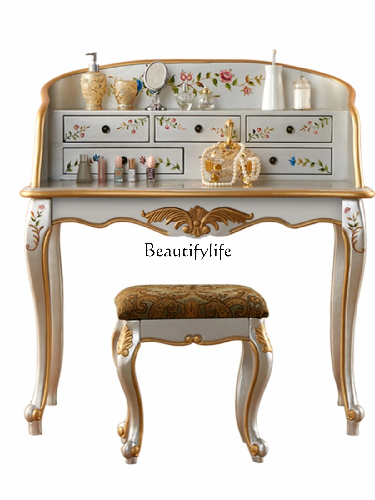 

American Country Solid Wood Dresser Desk Bedroom Hand Painting Multi-Functional Silver Integrated Table