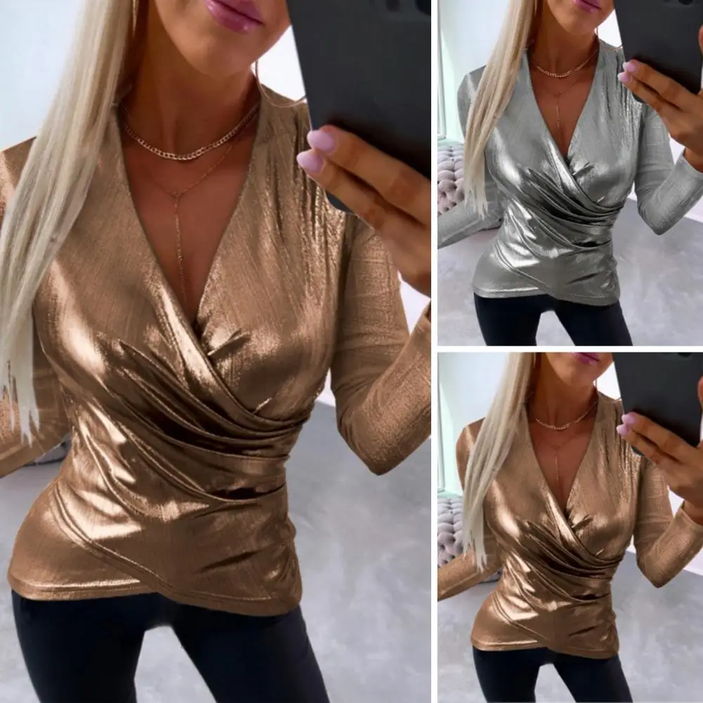 

Spring Blouse Stylish Faux Leather Women's Shirt with Deep V Neck Baggy Cross Design Tight Waist Long Sleeve Solid for Lady