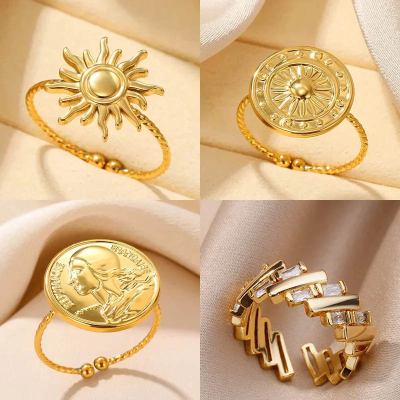 Stainless Steel Sun Rings For Women Gold Color Butterfly Finger Adjustable Ring