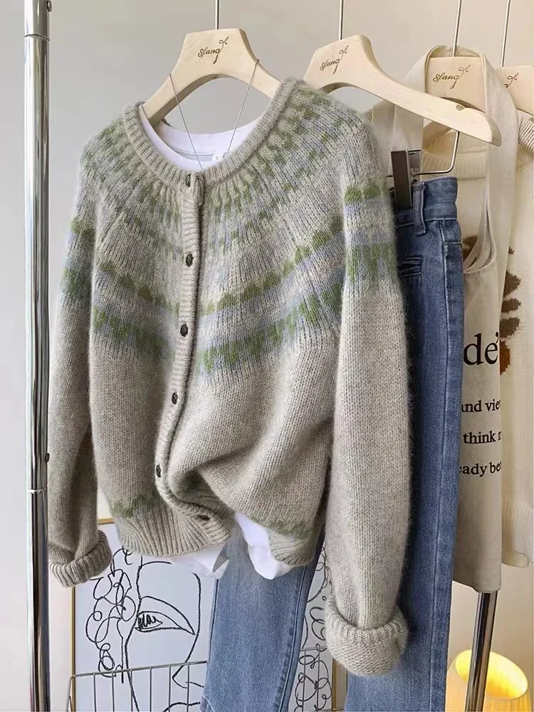 Women Vintage Striped Knitting Long Sleeve Round Neck Cardigans 2023 Winter Fashion Casual Baggy Single Breasted Sweater