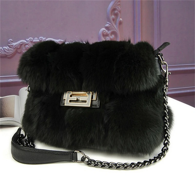 Women's New Fur Shoulder Bag Natural Fluffy Fox Fur Large Capacity Handbag Furry Fashion Luxury Crossbody Fur Bag