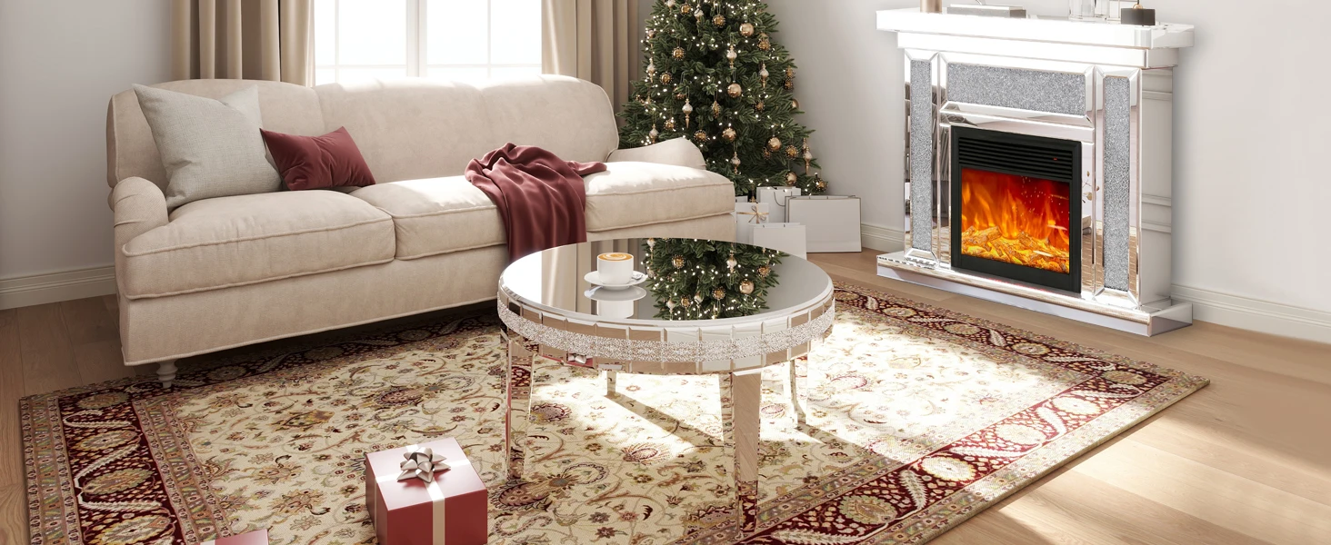 Mirrored Corner Electric Fireplace TV Stand, Faux Fireplace Mantel Freestanding
