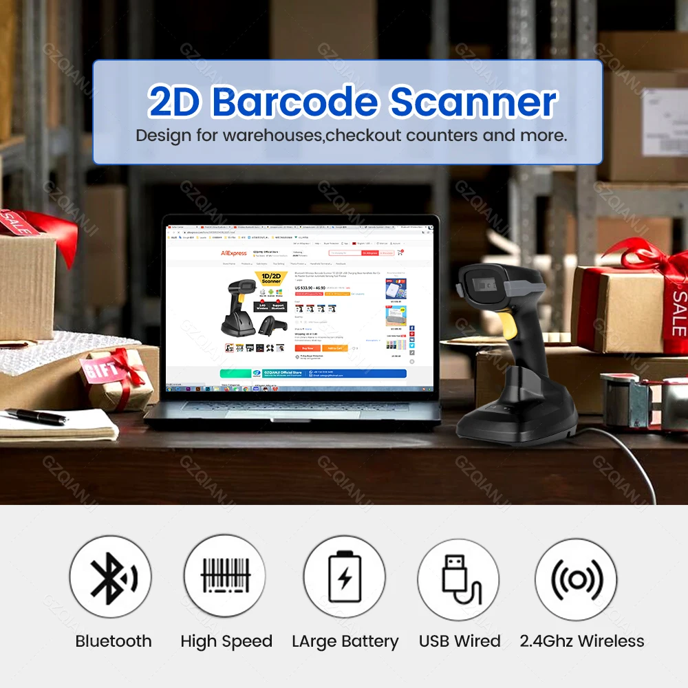 1D/2D Barcode Scanner 2.4G Wireless Bluetooth USB Compatible QR Bar code Reader for POS Inventory Supermarket Mobile Screen