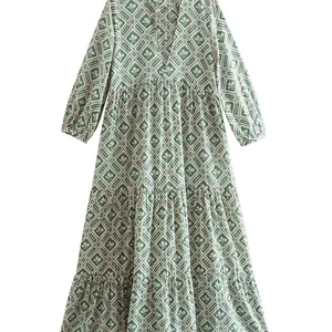 Zevity Women Vintage Geometric Floral Print Pleats Midi Shirt Dress Female Chic V Neck Lace Up Casual Retro Vestidos DS1811