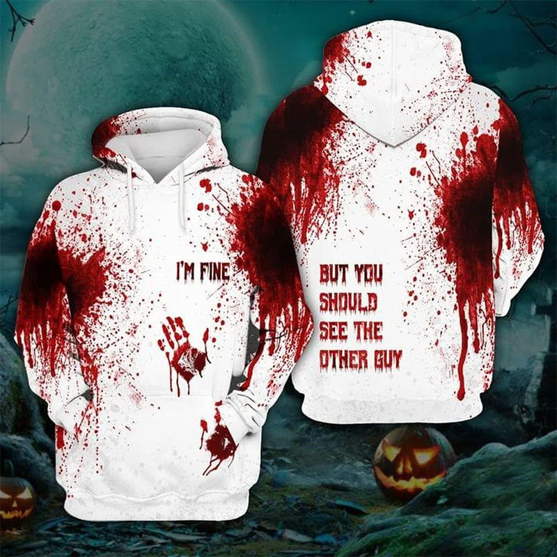 thumbnail image 1 of Sudadera con capucha de Halloween con estampado 3D para hombres y mujeres, sudadera con estampado de sangre aterrador, de manga larga, informal, para cosplay, sudadera holgada, 1 of 4