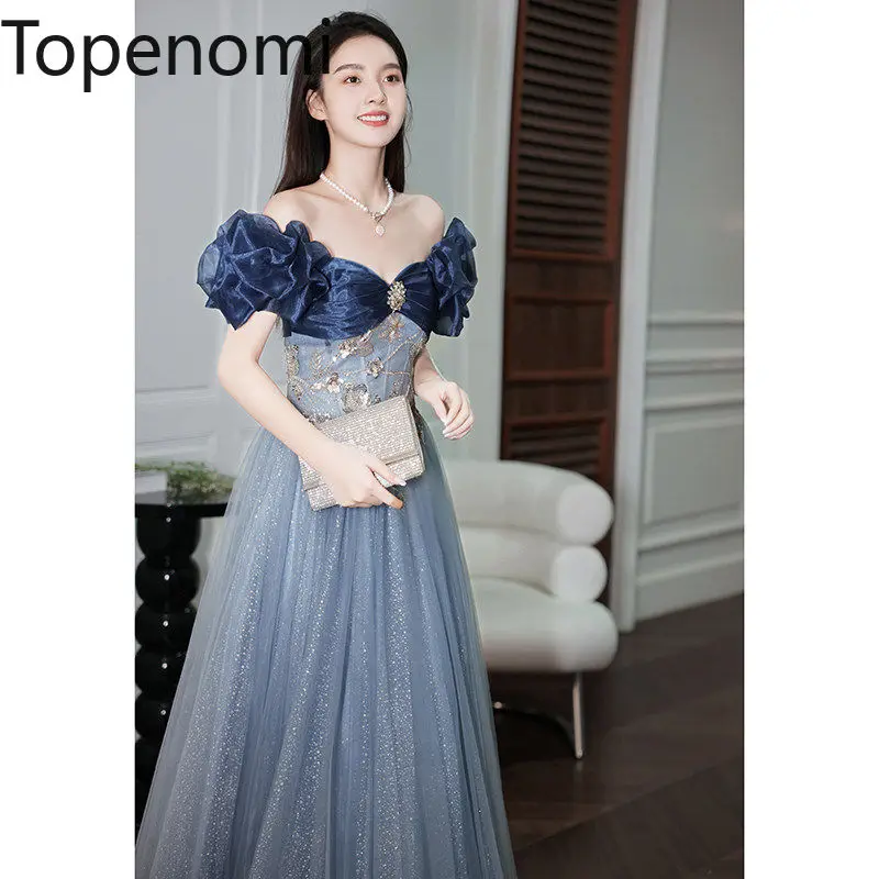 

Topenomi French Luxury Evening Dresses Women Slash Neck Strapless Waist Slim Sequins Tulle A-line Formal Prom Long Dress Elegant