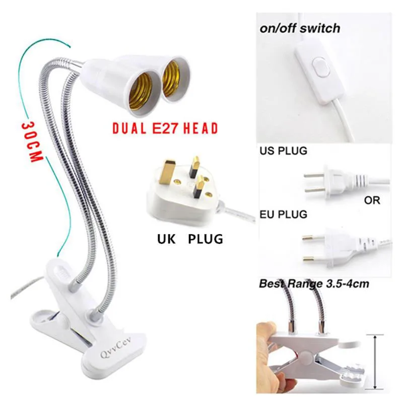 Description Picture 4 of itemFlexible 1 2 head E27 light bulb Lamp AC power supply base holder Plugs socket desk Clip for tablet room night grow light EU