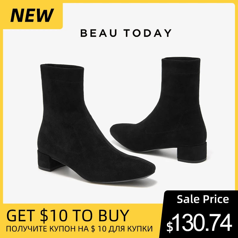 

BEAUTODAY Stretch Boots Women Solid Color Square Toe Slip-On Fashion Soft Mature Style Autumn Ladies Shoes Handmade 03720