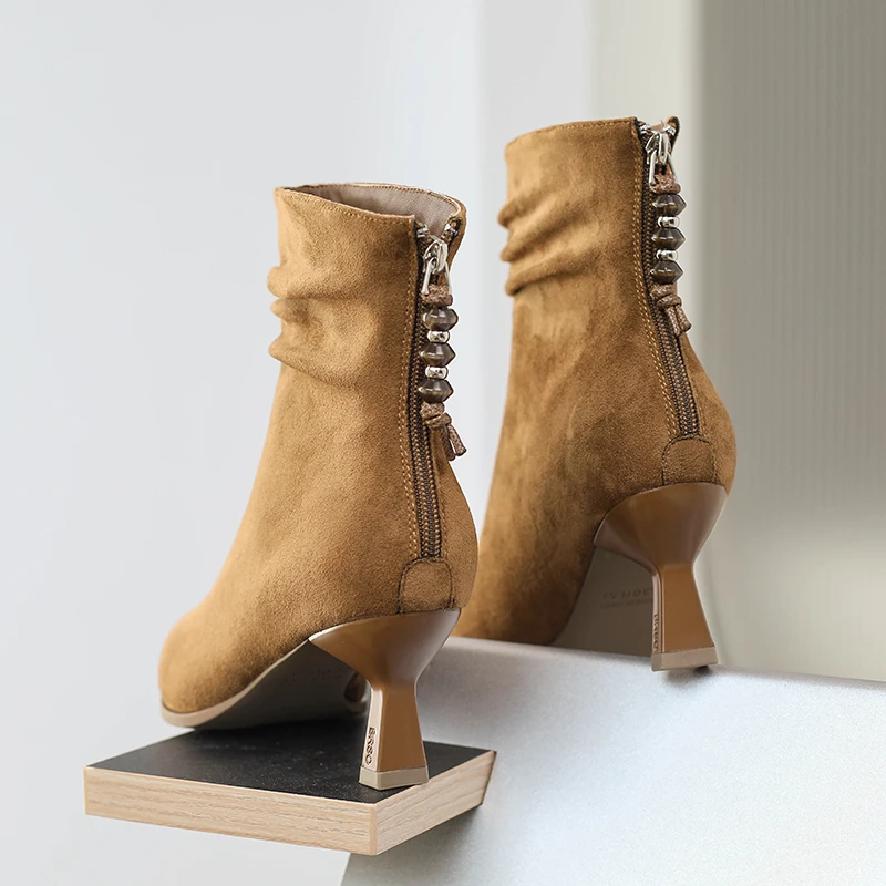 Aphixta Sexy 6.5cm High Heels Ankle Boots High Quality Suede Pointed Toe Woman Shoes Back Zipper Modern Boot Ladies Footwear