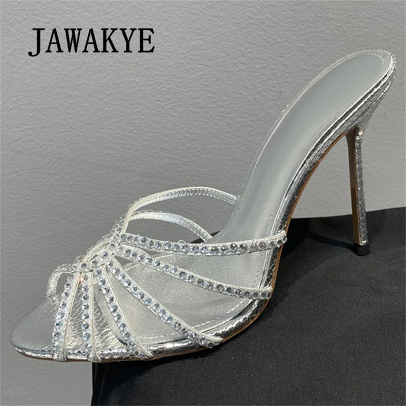 

2023 Summer Shiny Open Toe Thin High Heel Crystal Slippers Women Brand Rhinestone Slides Shoes Sexy Party Dress Mules Shoes Lady