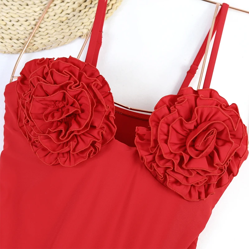 ZAFUAZ 2024 High Waist Bikini Set For Women Print Swimwear V Neck 3D Flower Bikini Swimsuit and Skirt Bathing Suit Beachwear