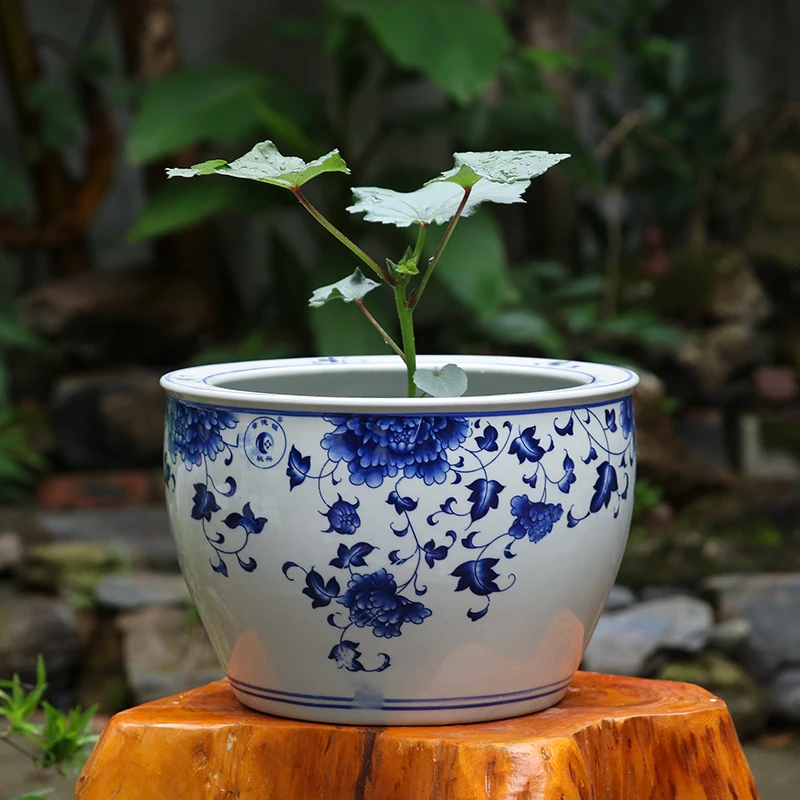 セラミックプランター,青と白の花のパターン,12インチ,屋外用の大きな