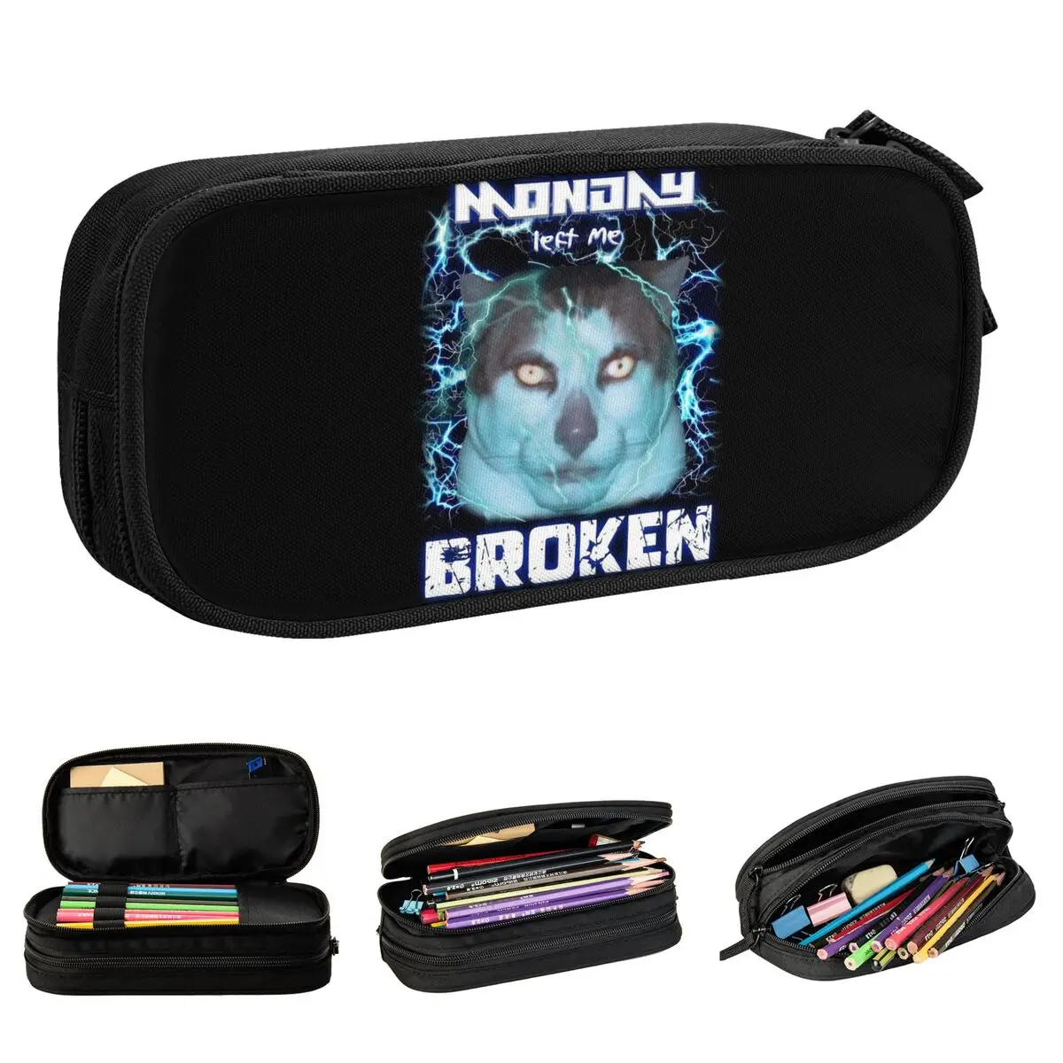 

Monday Left Me Broken Cat Pencil Cases Cute Pen Box Bags Girls Boys Big Capacity School Supplies Zipper Pencilcases