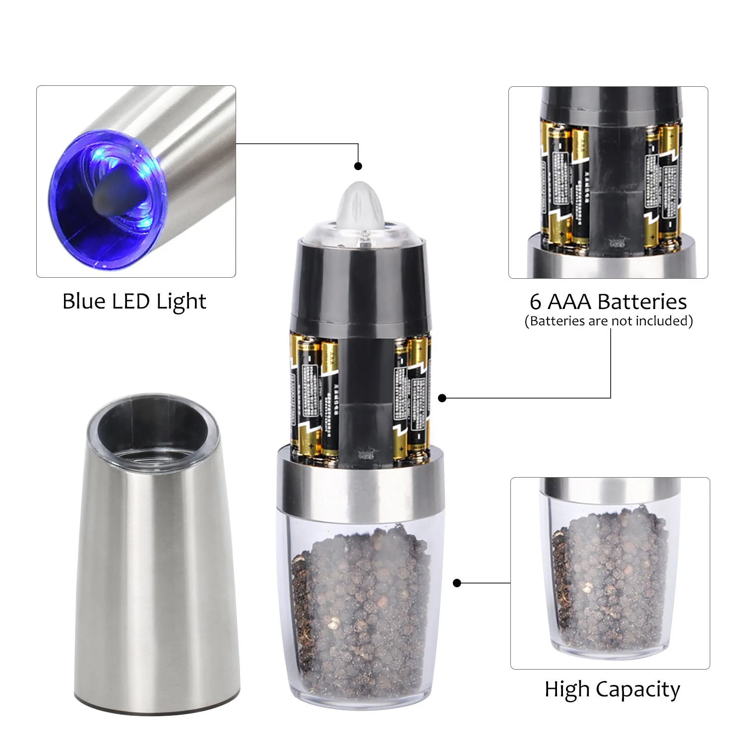 Kitchen Electric Salt and Pepper Grinder Set , Automatic Pepper Mill AAA  Battery