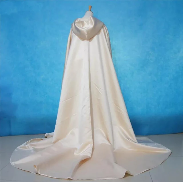 Long Wedding Cape Bridal Cloak Ivory Satin Hooded Cape Shawl Coat Cosplay Party Wrap