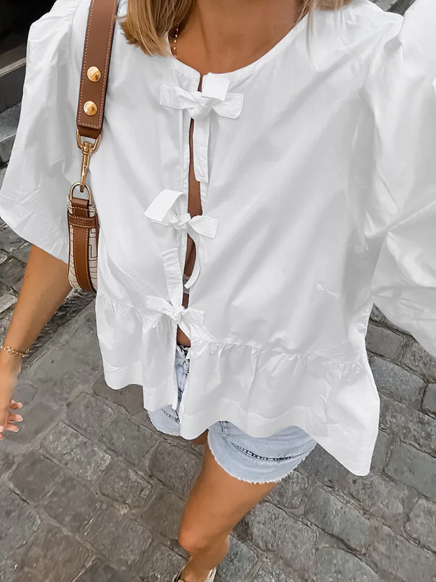 Casual Hollow Out Short Sleeve T-shirt Shirts Women's Summer Patchwork Lace-Up Loose Streetwear Female Y2k Top Shirts