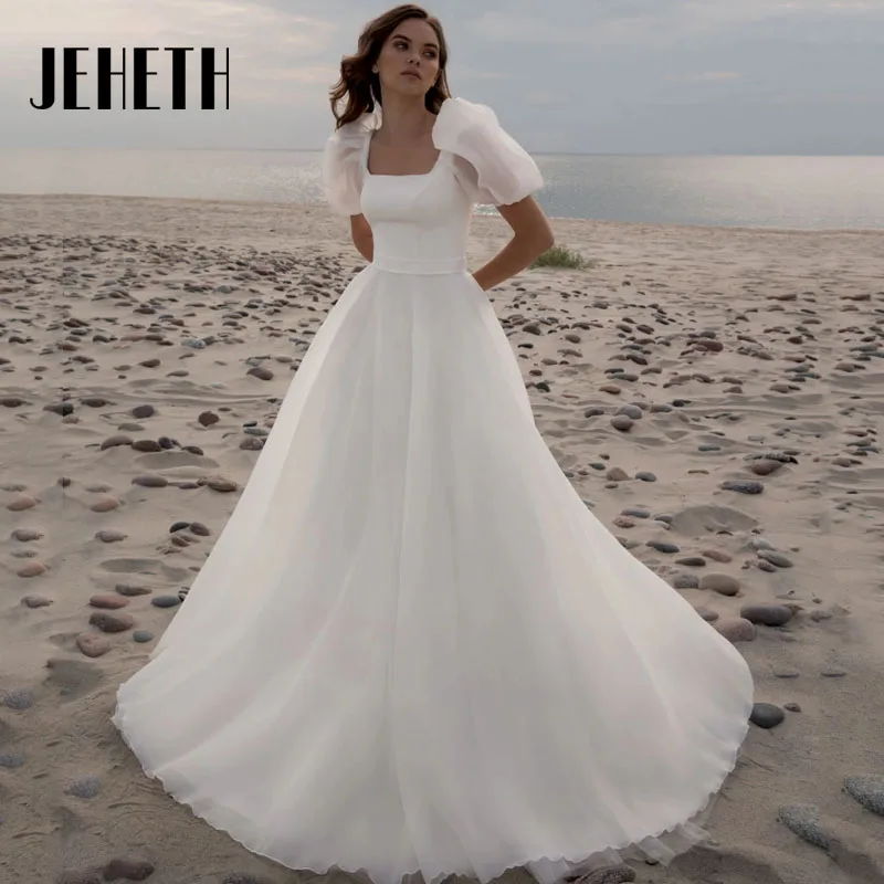 JEHETH Elegant A Line Square Neck Wedding Dress 2023 Simple Short Puff