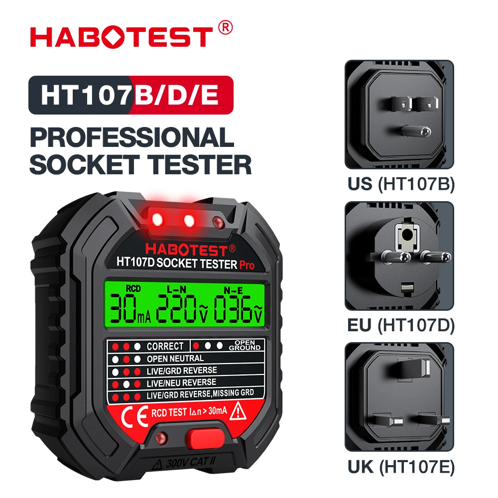 Ht107 Socket Tester Pro Test Di Tensione Rcd 5/30Ma Socket Detector Uk Eu Us Plug Ground Zero Line Plug Controllo Di Fase Di Polarità