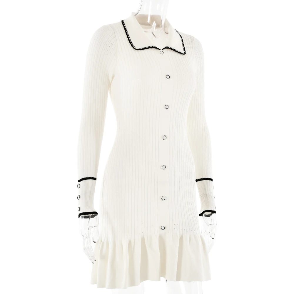 JULISSA MO Knitted Turn-down Collar Women Dress White Long Sleeve Single Breasted Dress Female Autumn Skinny Elegant Streetwear