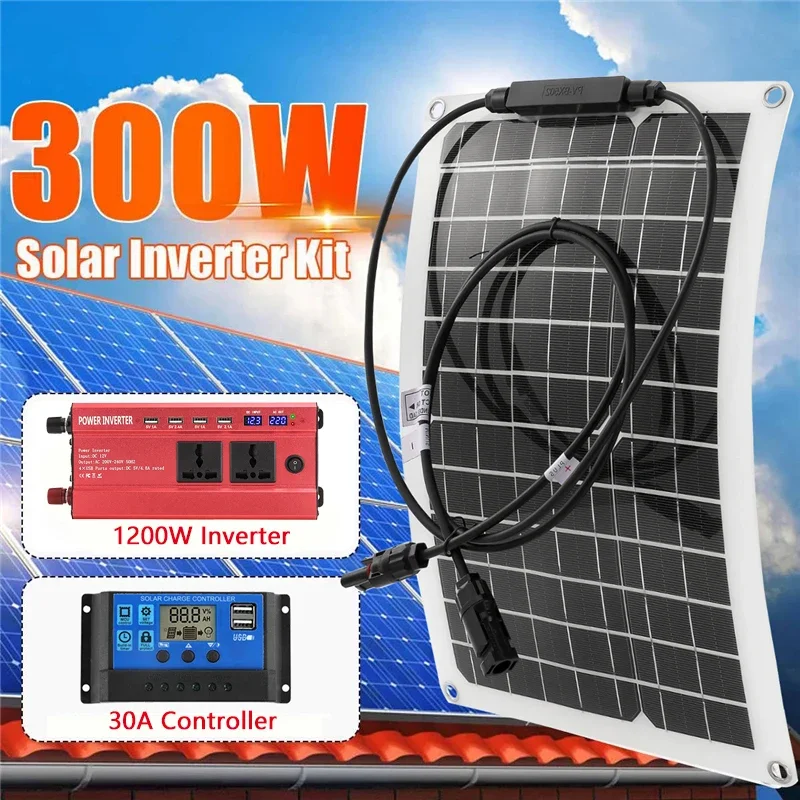 

Solar Power System 300W Solar Panel 1200W Modified Sine Wave Inverter 12V To 220V 30A Charge Controller Solar Generator for Home