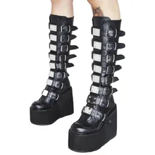 Bottes à talons compensés pour femmes, bottes à la mode, longue longueur aux genoux avec boucle de ceinture en métal, Style Punk, automne/hiver 2021