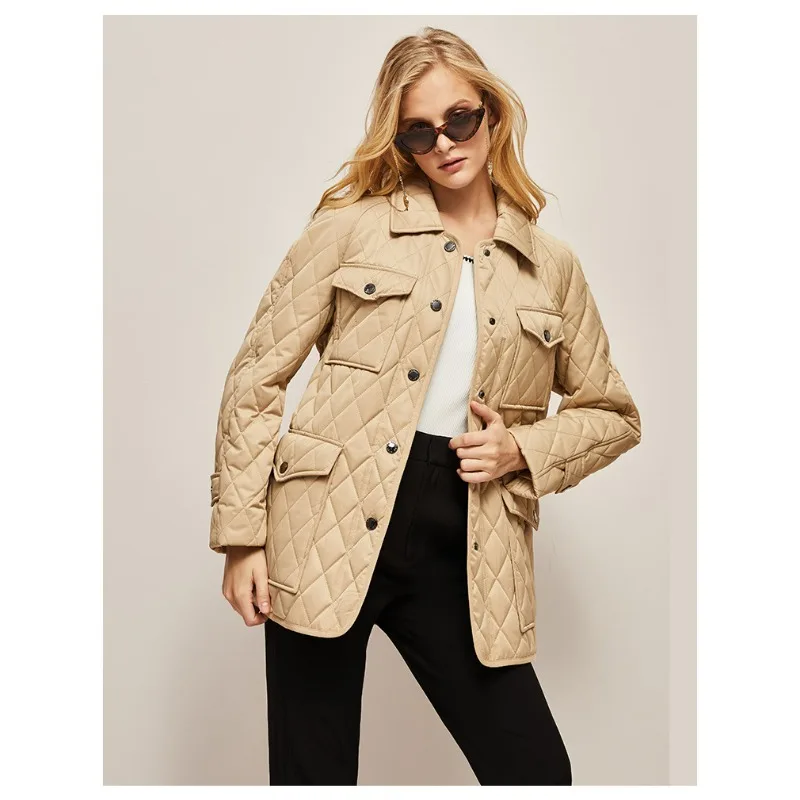 Winter Casual Parkas Rhombus Grid Women Slim Strap Waist Diamond-shaped Plaid Jackets Classic Mid-length Padded Coats Clothes
