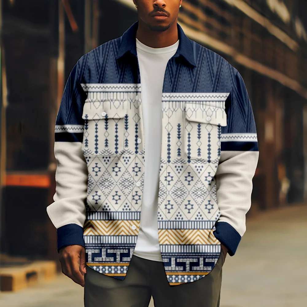 

Рубашки в стиле ретро с геометрическим принтом племени, пальто на пуговицах с длинным рукавом и карманами, модная хипстерская уличная одежда, повседневная мужская одежда