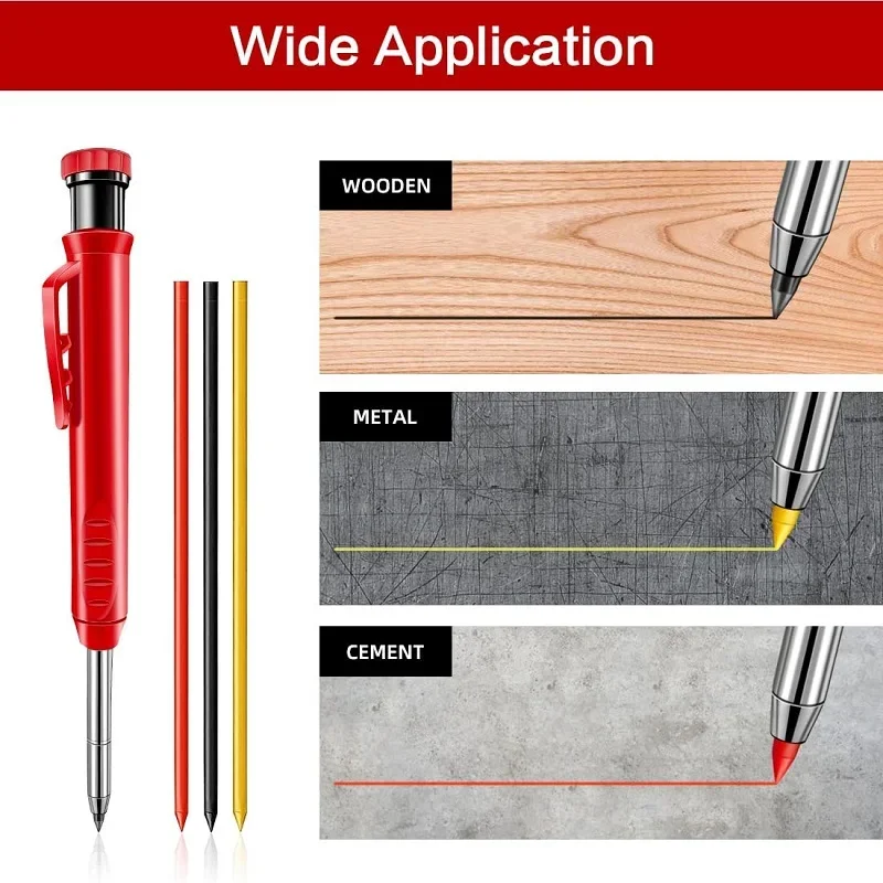 Solid Carpenter Pencil and Built-in Sharpener with Refill Leads for Deep Hole Mechanical Pencil Marker Marking Woodworking Tools