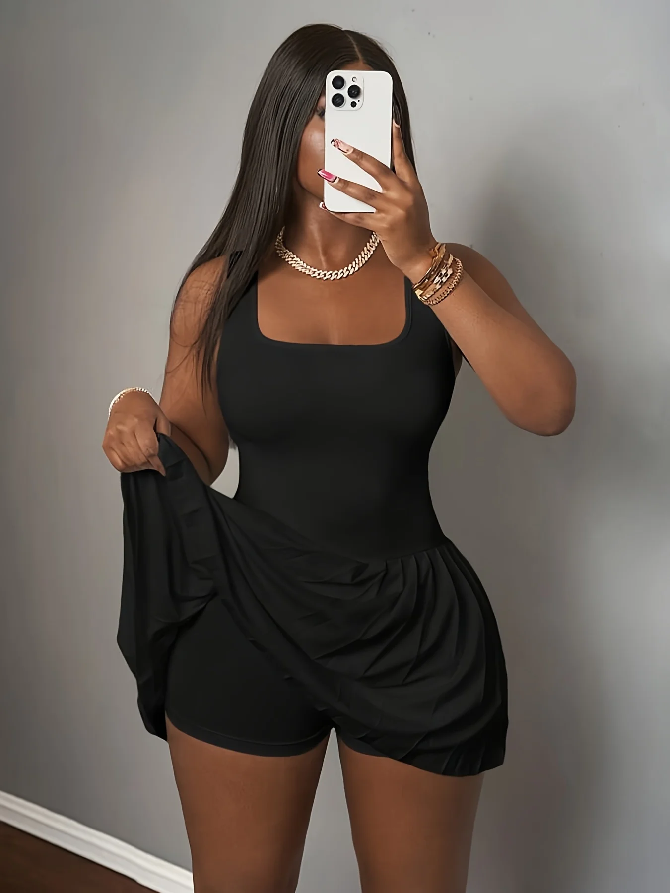 Women's Sexy Casual Square Neck Sleeveless Pleated Skirt Built-in Pants Sporty Dress Fashionable Elegant Women's Wear 5