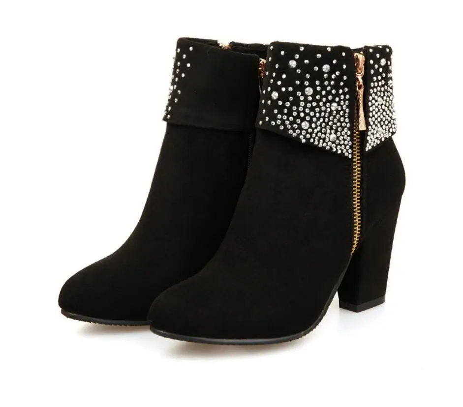 thumbnail image 1 of Nuevas botas de tacón para mujer de primavera e invierno, zapatos de mujer con diamantes de agua de alta calidad, botas cortas de tacón grueso de ante con tacón alto, talla grande, 1 of 4