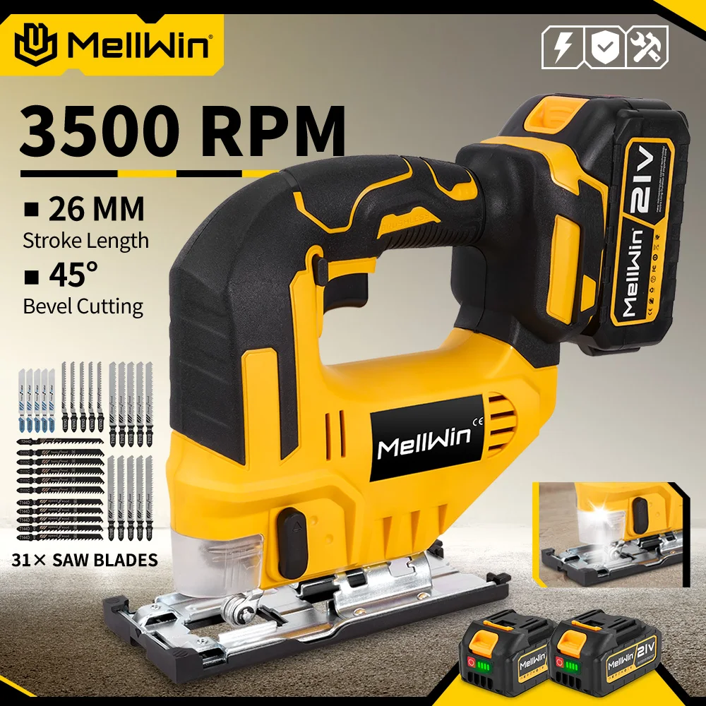MELLWIN 3500RPM Electric JigSaw 31 With Blade Wireless Curve Saw Multi-function Woodworking Tool For Makita 18V Battery Pin
