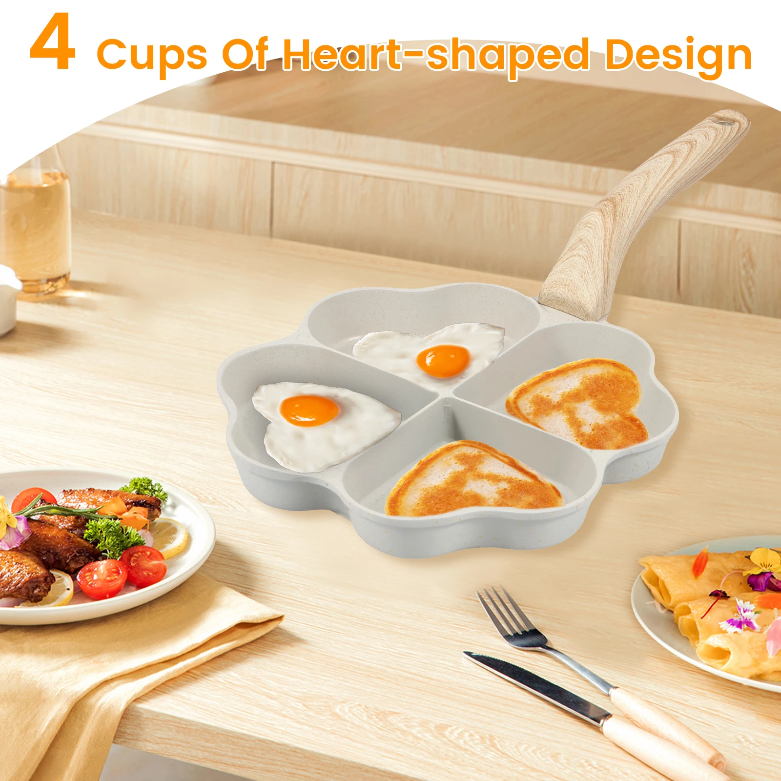 Egg Frying Pan 4-Cup Heart Omelette Pan Non-Stick Egg Skillet with Wooden Handle Aluminum Alloy Egg Cooker Pan Effortless