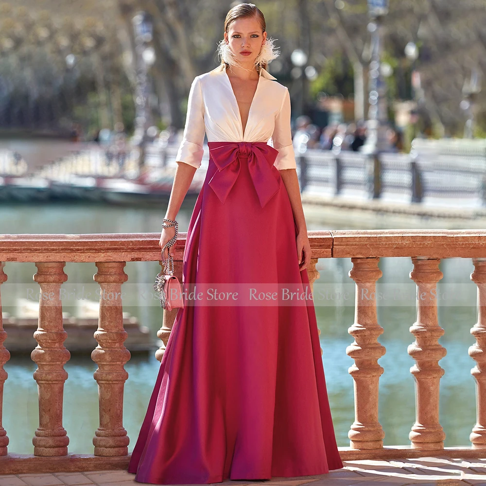 Ivory Burgundy Wedding Party Dress Deep V Neck Half Sleeves Formal Evening Gowns for Women Floor Length A Line Prom Dress Satin 3