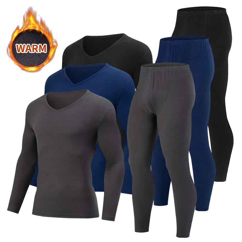 2-piece Autumn And Winter Men's Small V-neck Solid Color Warm Underwear Set Comfortable Large Bottom Shirt Versatile Sleepwear
