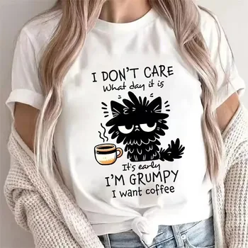 I Want Coffee T Shirt Women Funny Cat Tshirt Summer Short Sleeve Y2k Tops Fashion Hip Hop Tees Clothes 1